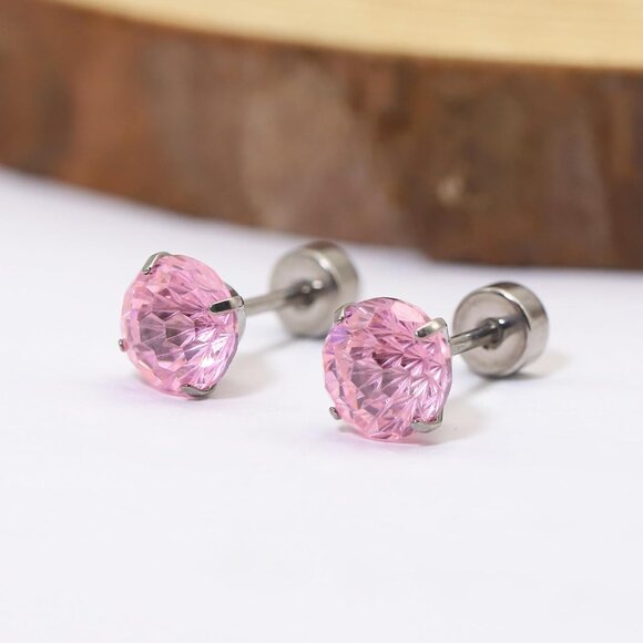 Pink Cubic Zirconia Titanium Flat Back Stud Earrings for Women, Hypoallergenic, - Picture 5 of 7